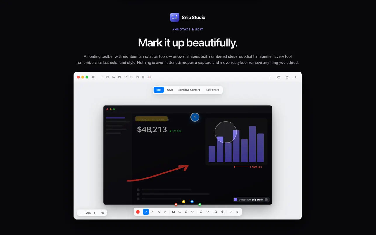 Snip Studio annotation tools shown on a captured dashboard